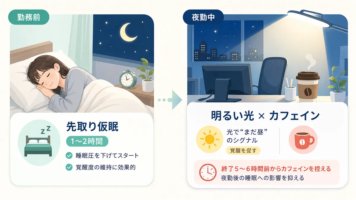 勤務前の先取り仮眠で睡眠圧を下げておく方法と、明るい光とカフェインを組み合わせる対策を紹介します。