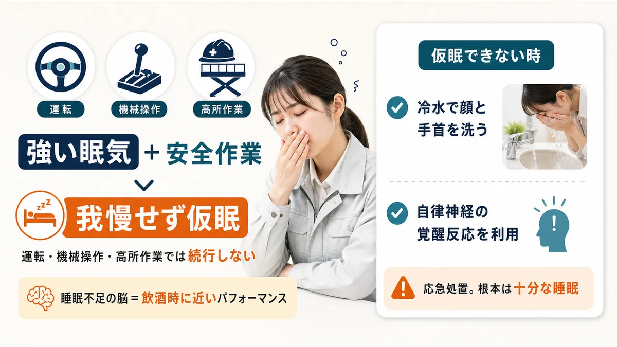 安全に関わる場面では迷わず仮眠を選ぶべき理由と、仮眠がとれない場面での応急対処リストを紹介します。