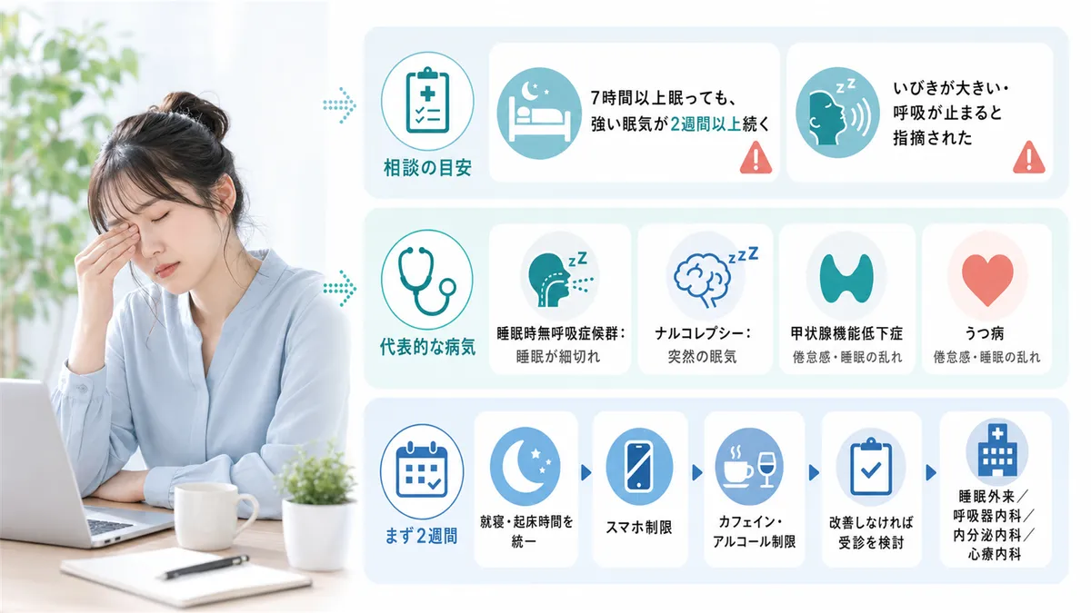 受診を検討すべき5つのサイン、日中の眠気に関連する代表的な病気、まずは2週間の睡眠改善から始めて判断する方法を解説します。