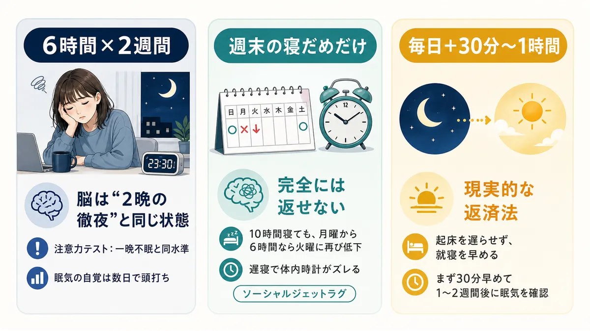 6時間睡眠を2週間続けると脳は2晩の徹夜と同じ状態になること、週末の寝だめだけでは不十分なこと、毎日30分〜1時間増やすのが現実的な方法であることを解説します。