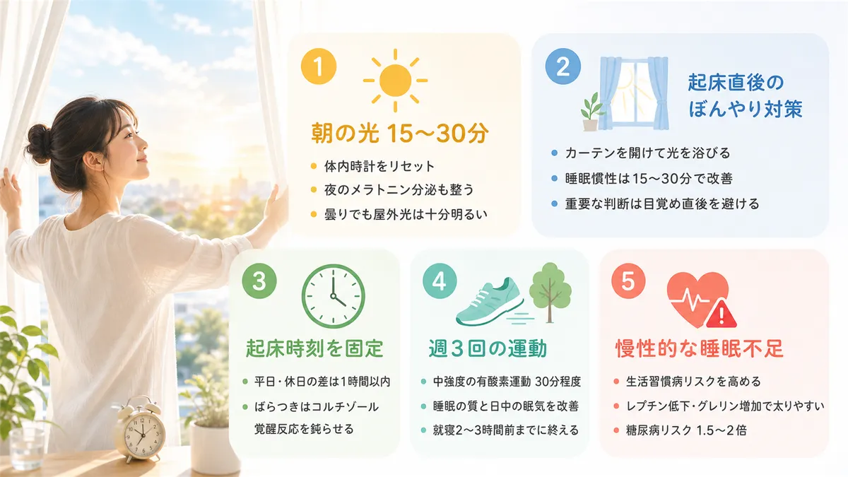 朝の光で体内時計をリセットする方法、起床直後のぼんやり解消のコツ、起床時刻の固定、週3回の運動、慢性的な睡眠不足の健康リスクについて紹介します。