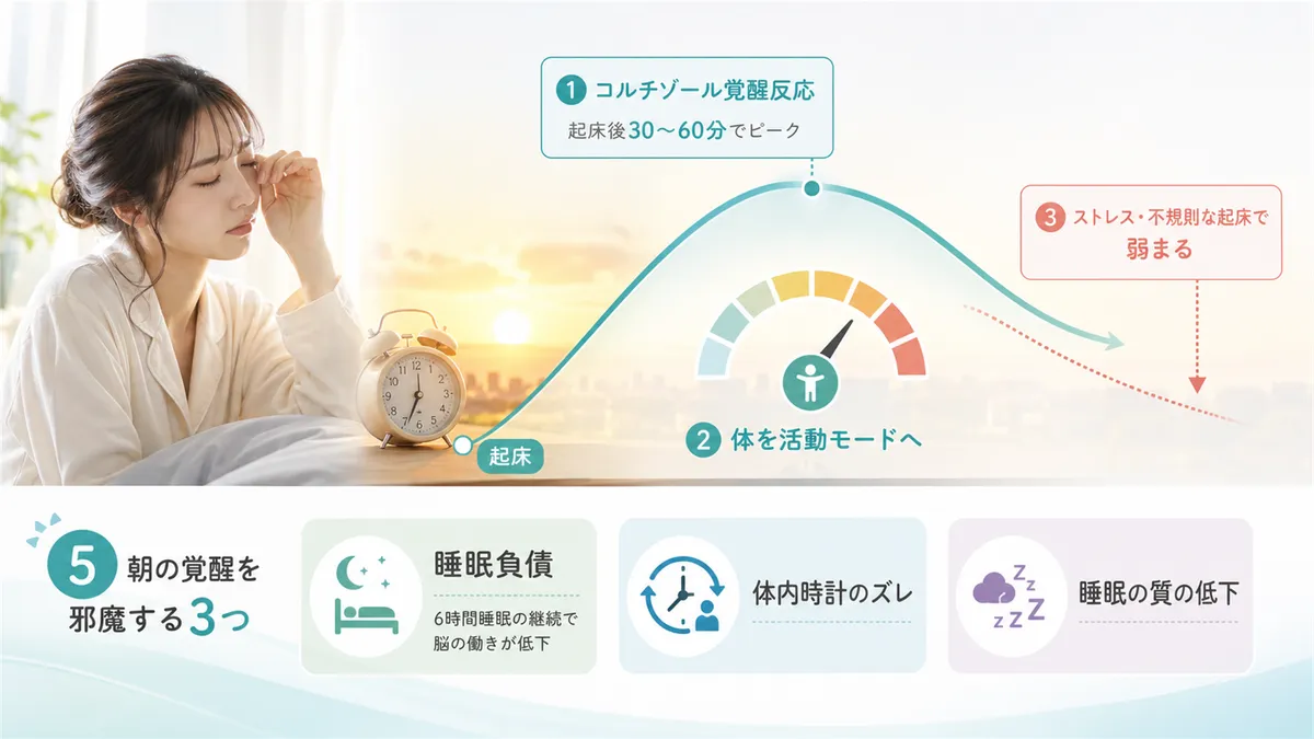 朝のエンジン始動を担うコルチゾール覚醒反応の仕組みと、朝の覚醒システムを邪魔する3つの原因について解説します。