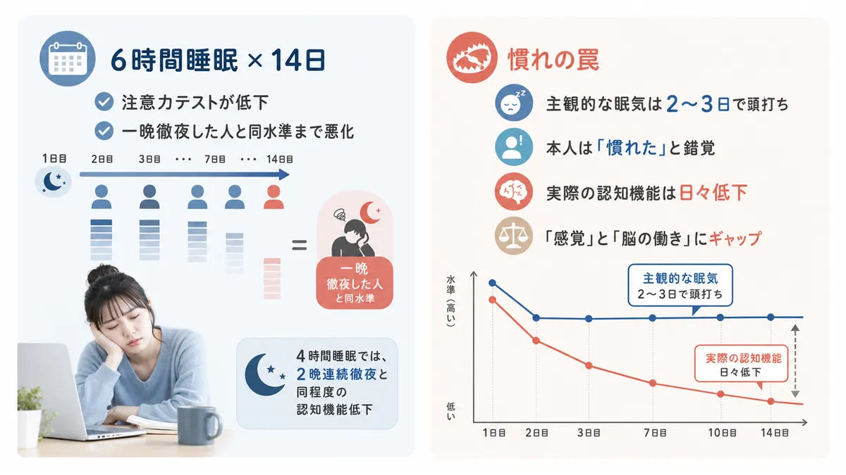 6時間睡眠が2週間続くと徹夜1回分の影響になること、自分の睡眠不足に気づけない「慣れの罠」について紹介します。