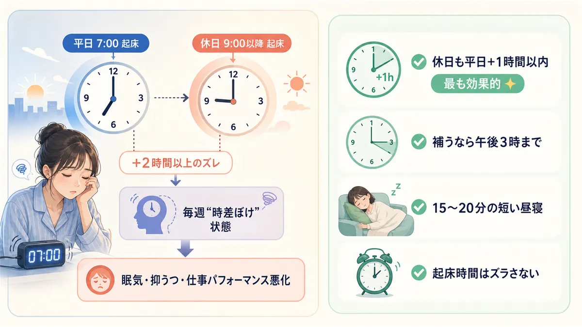 社会的時差ぼけが眠気と不調をもたらすメカニズムと、体内時計のズレを最小限に抑えるコツを解説します。