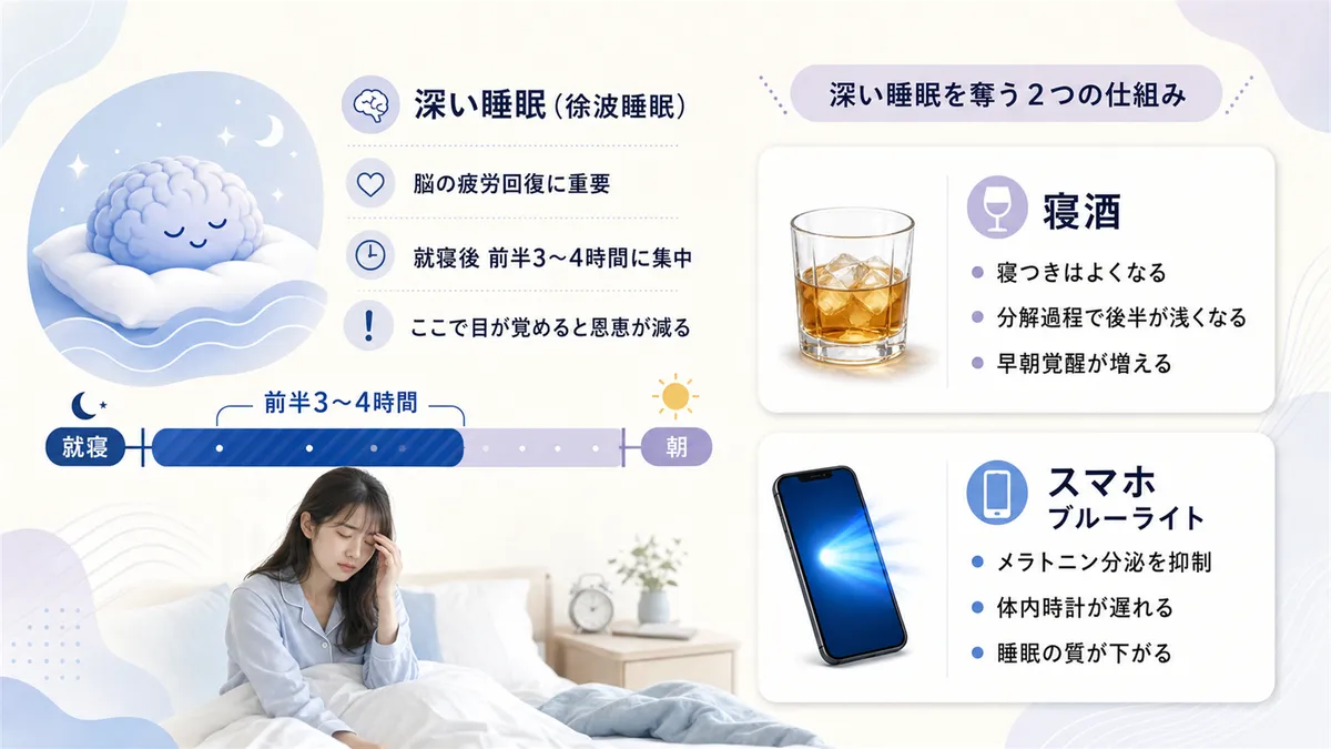 深い睡眠が減ると脳が休めていない状態になること、寝酒とスマホが深い睡眠を奪うメカニズムを紹介します。