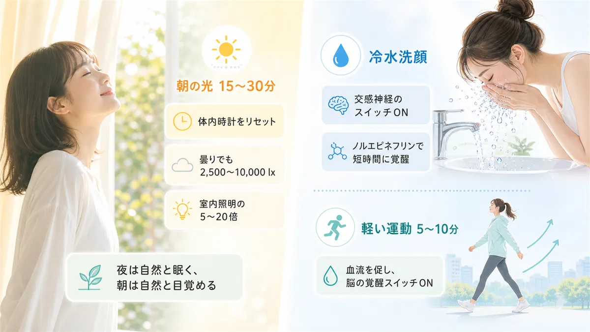朝の光を15〜30分浴びて体内時計をリセットする方法と、冷水洗顔と軽い運動で交感神経のスイッチを入れる方法を紹介します。