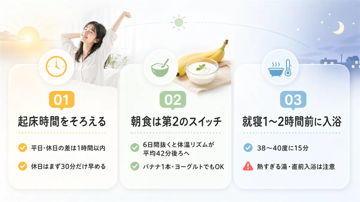 起床時間を平日と休日で揃えること、朝食が体内時計の第2のスイッチになること、就寝前の入浴で深い睡眠を増やす方法を紹介します。