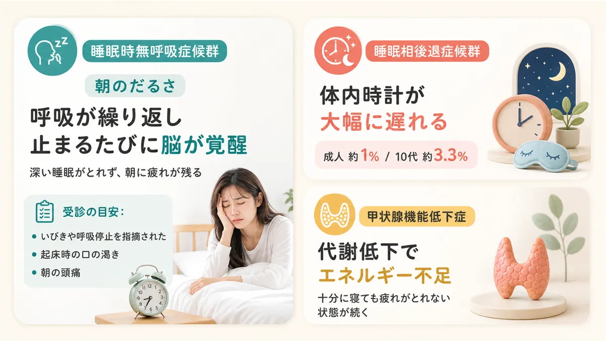 睡眠時無呼吸症候群と朝のだるさの関係、睡眠相後退症候群と甲状腺機能低下症について解説します。
