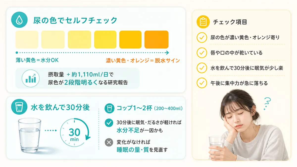 尿の色で脱水レベルをセルフチェックする方法と、水を飲んで30分後の変化が手がかりになることを紹介します。（チェック項目：尿の色が濃い黄色やオレンジ寄りなら脱水の可能性が高い・唇や口の中が乾いている感覚がある・水を飲んで30分後に眠気が少し楽になる・午後に集中力が急に落ちるパターンが繰り返される）