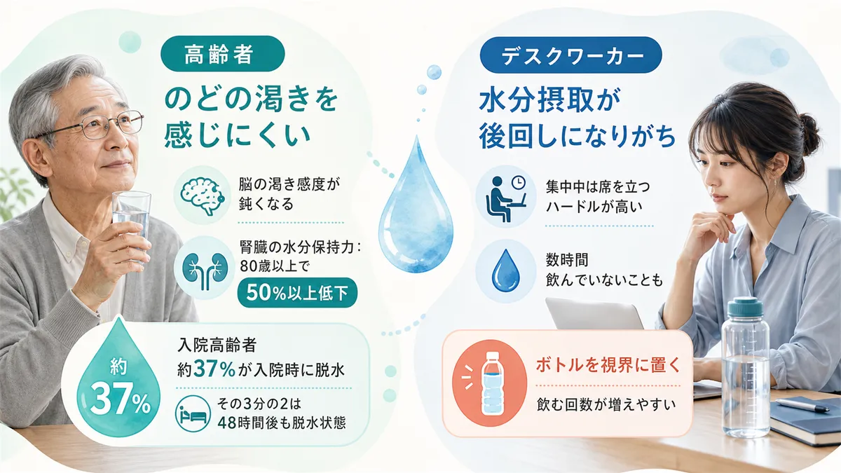 年齢とともにのどの渇きを感じにくくなること、座り仕事中は水分摂取が後回しになりがちなことを解説します。