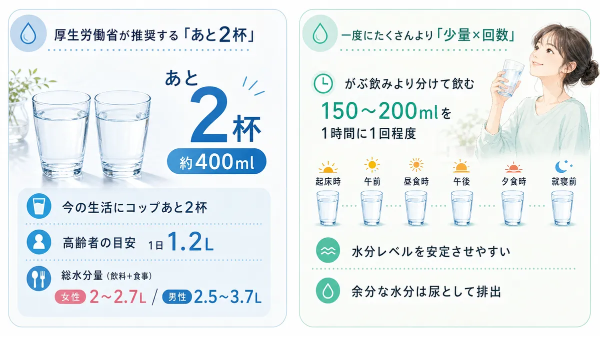 厚生労働省が推奨する「あと2杯」の水の考え方と、一度にたくさんより「少量×回数」がカギであることを紹介します。