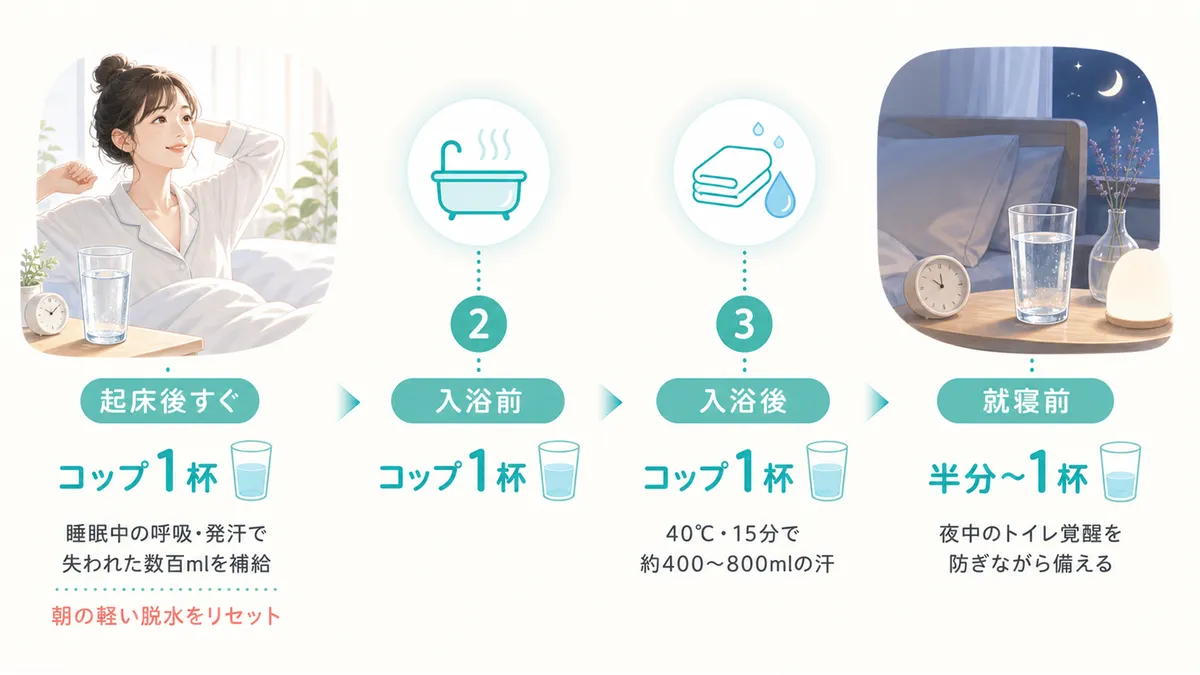 起きたらまず一杯で朝の脱水をリセットする方法と、入浴前後と就寝前の「攻めの水分補給」を紹介します。