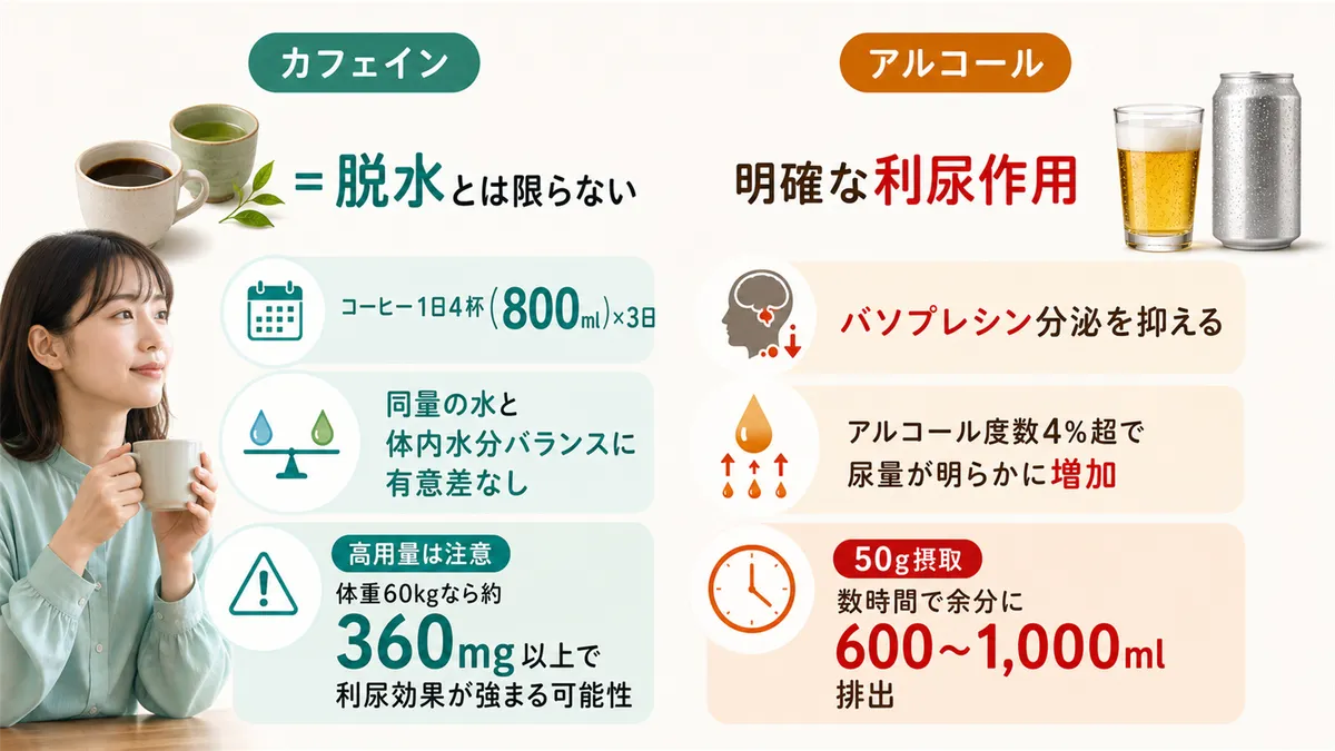 「カフェイン＝脱水」は必ずしも正しくないこと、アルコールだけは明確な利尿作用があることを解説します。