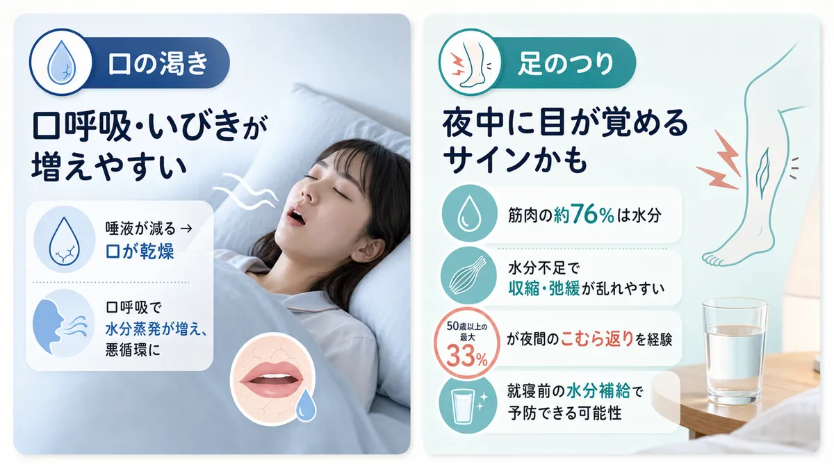 口の渇きが口呼吸やいびきを増やすこと、足がつって目が覚めるのは脱水のサインかもしれないことを紹介します。