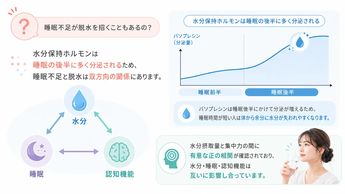 水分保持ホルモンは睡眠の後半に多く分泌されるため、睡眠不足と脱水は双方向の関係にあることを解説します。