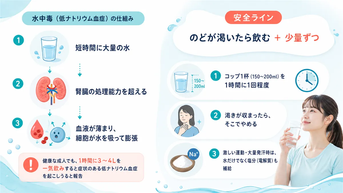 水中毒（低ナトリウム血症）が起きる仕組みと、「のどが渇いたら飲む」＋「少量ずつ」が安全ラインであることを紹介します。