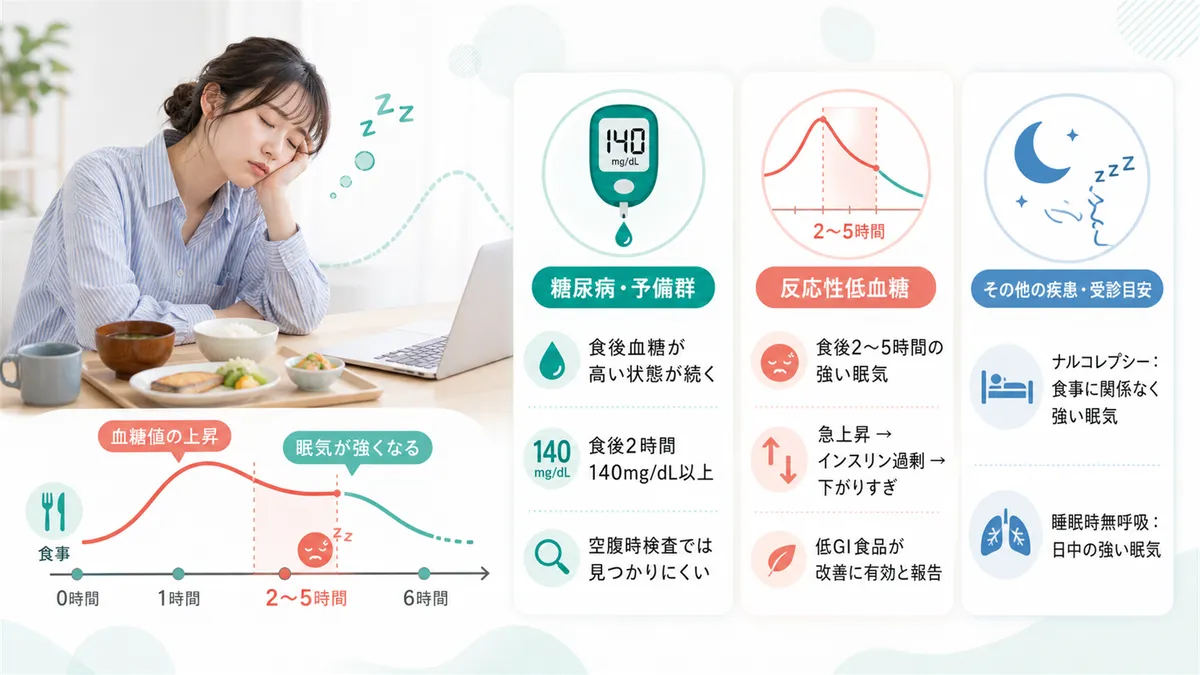 糖尿病と食後の異常な眠気の関係、反応性低血糖が食後2〜5時間の強い眠気を引き起こすこと、その他の疾患と受診の目安を紹介します。