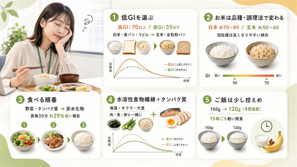 GI値の低い食品で血糖値の急上昇を防ぐ方法、お米のGI値は品種や調理法で変わること、食べる順番を変えるだけで効果があること、水溶性食物繊維とタンパク質の組み合わせを紹介します。