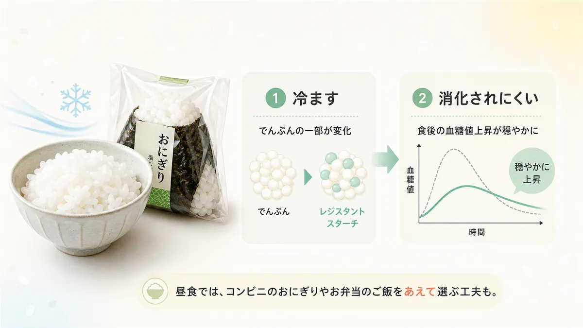 冷やご飯に含まれるレジスタントスターチが血糖値の上昇を穏やかにする仕組みを解説します。