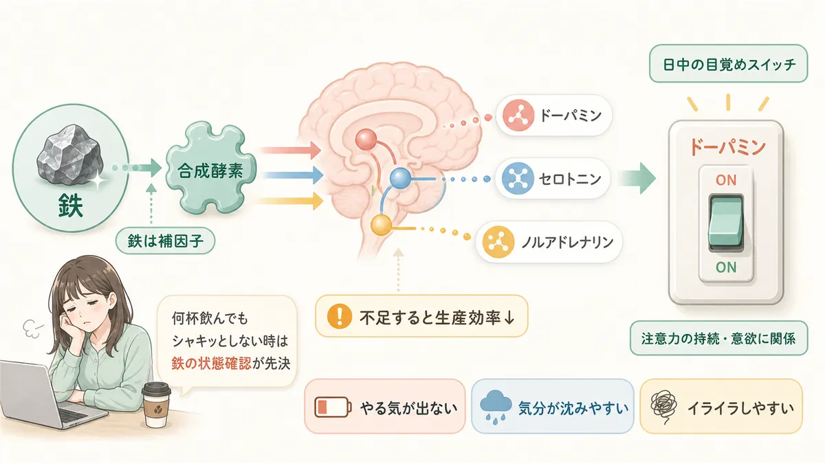 鉄はドーパミンやセロトニンの材料であること、ドーパミンは日中の目覚めスイッチでもあることを紹介します。