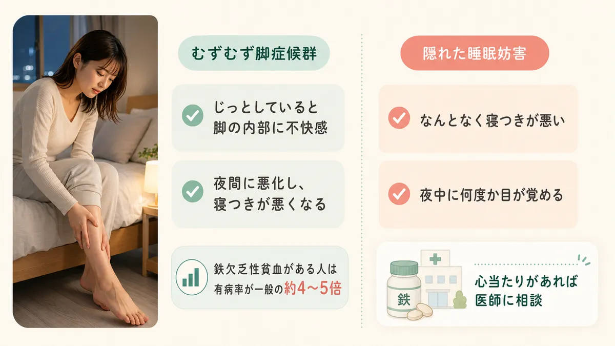 むずむず脚症候群の症状と、自分では気づきにくい「隠れた睡眠妨害」について紹介します。