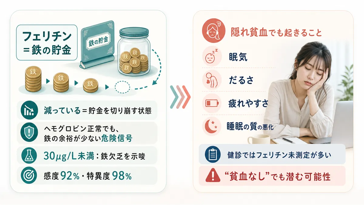 フェリチンは体の「鉄の貯金」であること、隠れ貧血でも眠気やだるさは起きることを解説します。