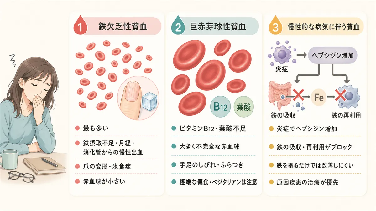 最も多い鉄欠乏性貧血、ビタミンB12・葉酸不足の巨赤芽球性貧血、慢性的な病気に伴う貧血について整理します。