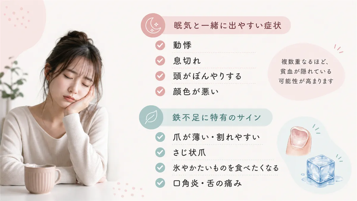 眠気と一緒に出やすい貧血の随伴症状と、鉄不足に特有のサインを紹介します。