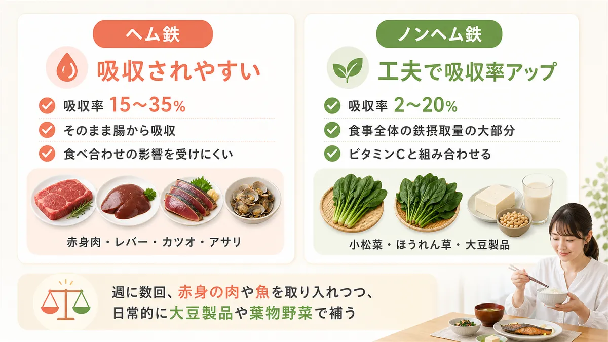 ヘム鉄は吸収されやすくノンヘム鉄は工夫が必要なこと、食事に取り入れやすい鉄分の多い食品を紹介します。