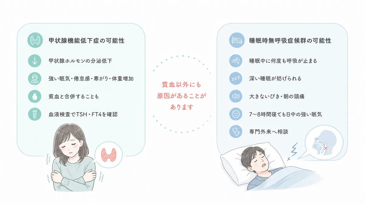 甲状腺機能低下症の可能性と、睡眠時無呼吸症候群の可能性について解説します。