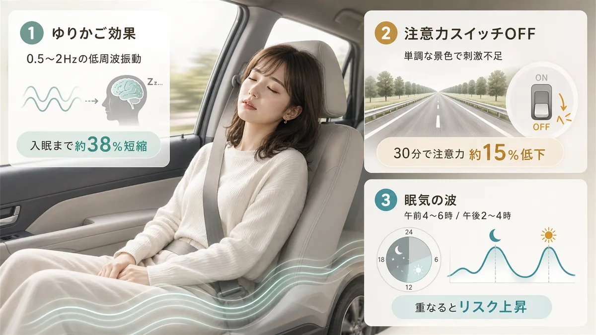車の振動が脳を眠りに誘う「ゆりかご効果」、単調な景色が脳の注意力スイッチをオフにすること、体内時計が作る眠気の波と重なると危険が増すことを解説します。