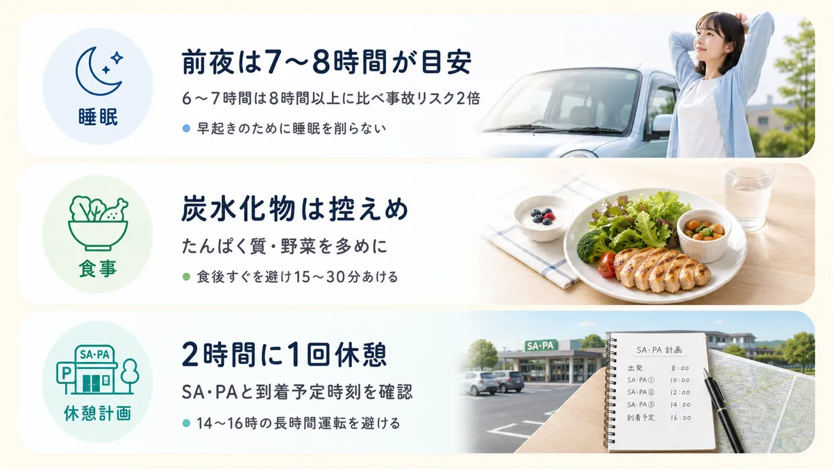 前夜の睡眠を6時間以上確保することが最大の防御線であること、食事の内容とタイミングでの眠気コントロール、休憩計画の重要性を解説します。