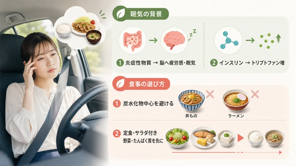 食後の眠気は炎症性物質やホルモンが関係していること、血糖値の急上昇を避ける食事の選び方を紹介します。