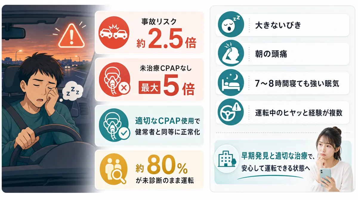睡眠時無呼吸症候群のドライバーは事故リスクが約2.5倍になること、早めの受診を検討すべき症状を紹介します。