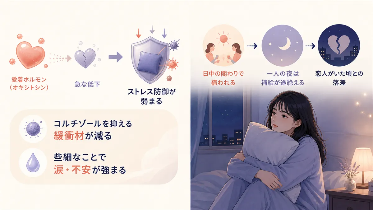 愛着ホルモンが失われるとストレスへの防御力が下がること、夜にオキシトシンが低下すると孤独感がさらに強まることを紹介します。