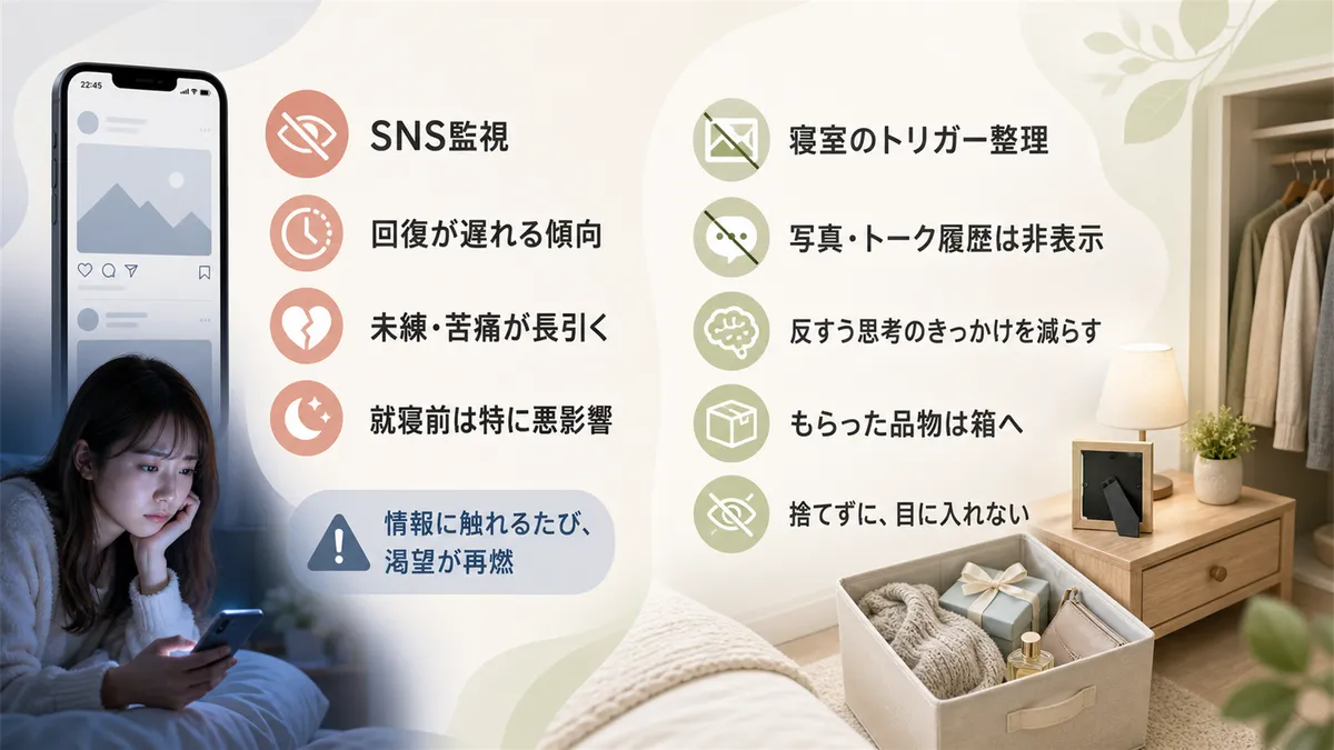 SNS監視は回復を遅らせるという研究結果と、寝室から連想トリガーを減らす具体的な方法を紹介します。