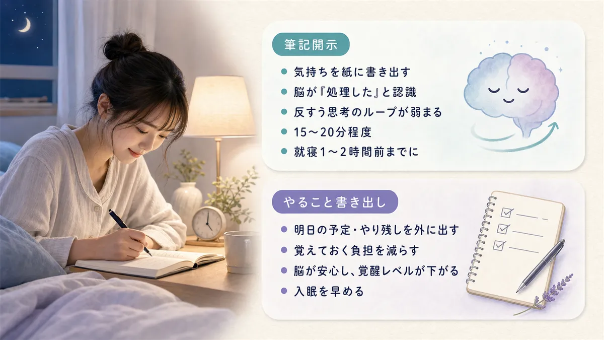 筆記開示が感情の整理に役立つメカニズムと、寝る前の「やること書き出し」が入眠を早める効果を紹介します。