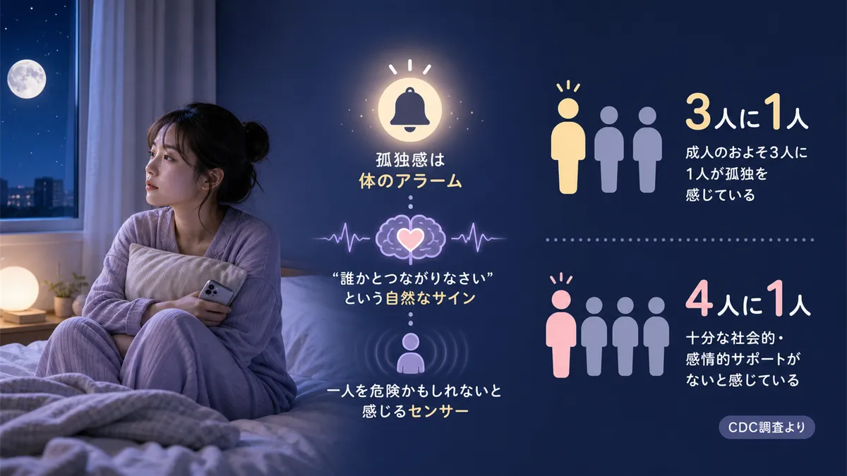孤独感は「群れから離れた危険」を知らせる体のアラームであること、3人に1人が孤独を感じている現実を紹介します。