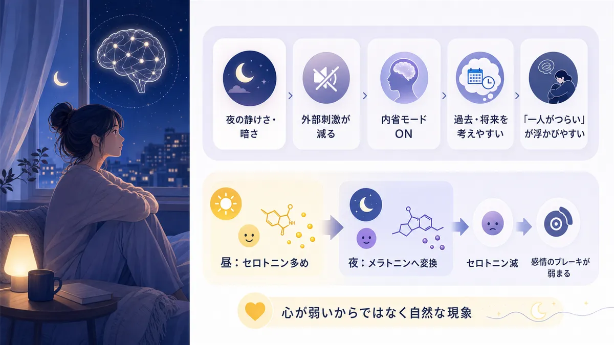 夜の静けさが脳の「内省モード」を起動させること、セロトニンの減少が感情のブレーキを弱くすることを解説します。