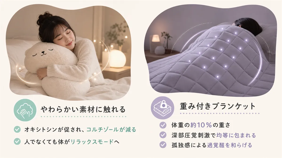 抱き枕やぬいぐるみが大人にも効果的な科学的理由と、重み付きブランケットの「包まれている安心感」を紹介します。