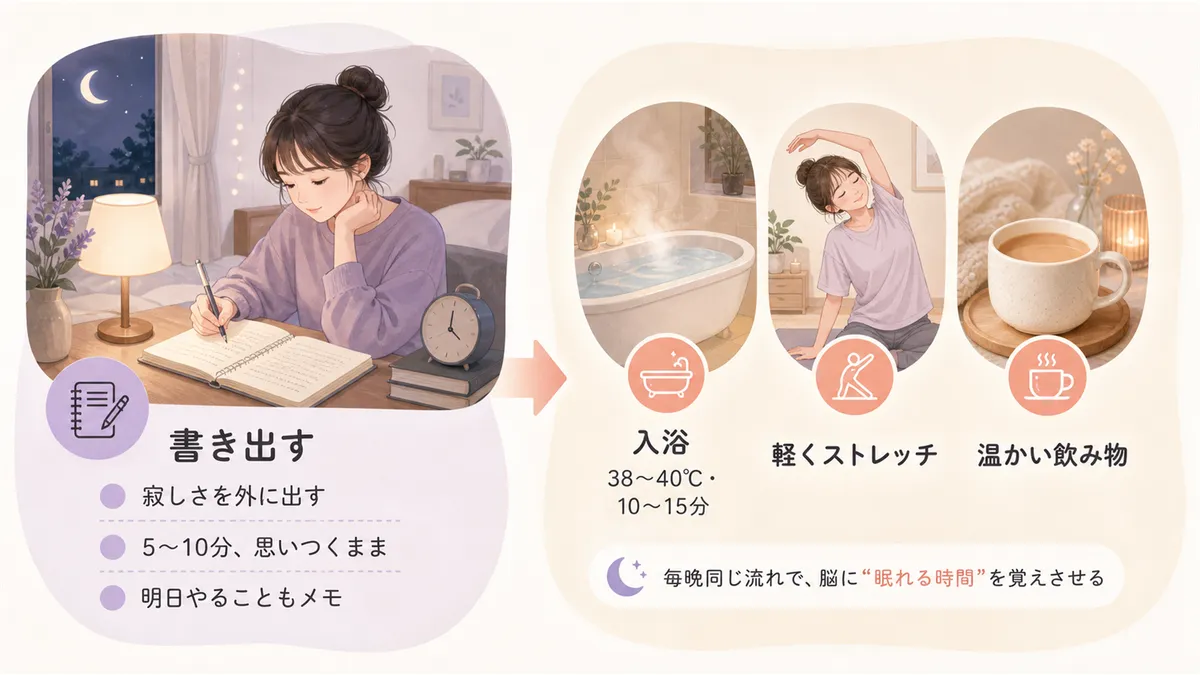 書き出すことで頭の中の寂しさを外に出す方法と、入浴・ストレッチ・温かい飲み物の組み合わせを紹介します。