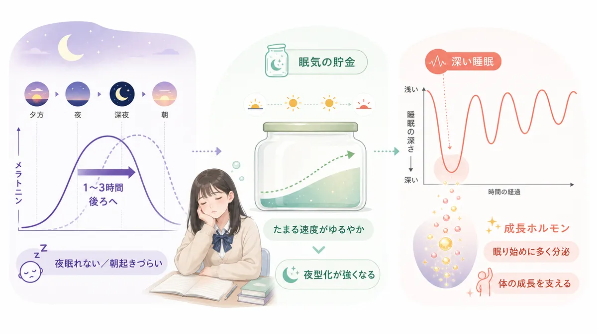 メラトニンの分泌タイミングが後ろにずれること、眠くなる力の蓄積もゆるやかになること、成長ホルモンと深い睡眠の密接な関係を解説します。