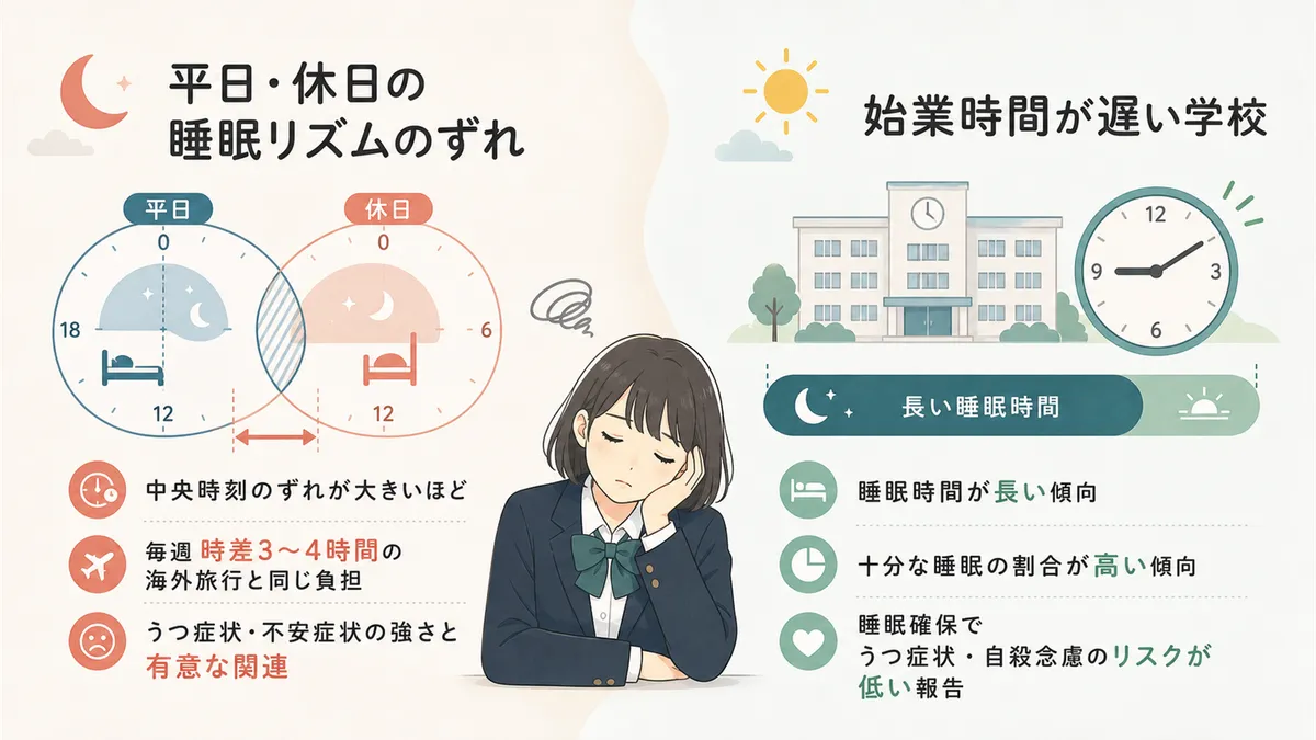 平日と休日の睡眠リズムのずれが生む負担と、始業時間を遅らせた学校で起きた変化を紹介します。