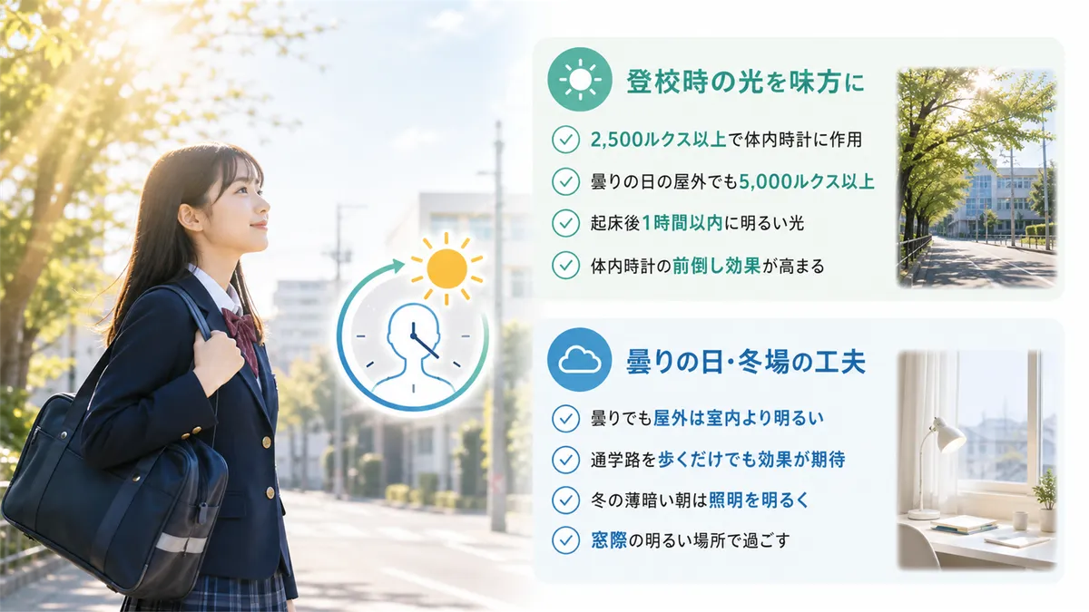登校時の光を味方につけるコツと、曇りの日や冬場の工夫を紹介します。