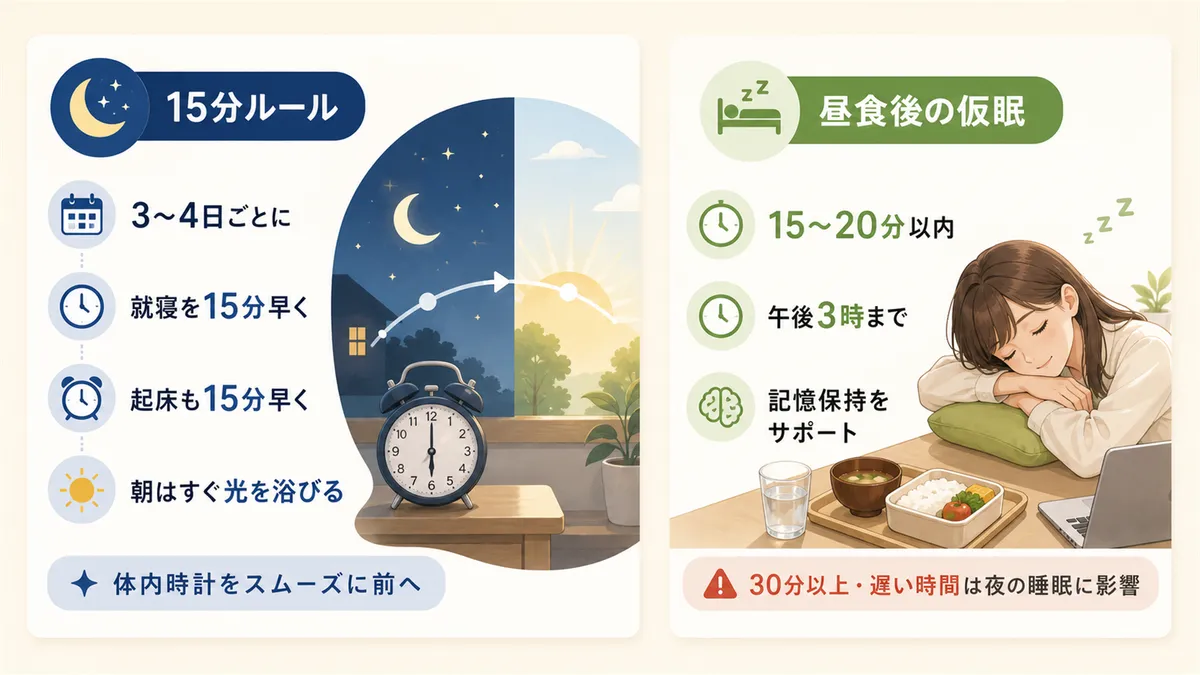 一気に早寝しようとしない「15分ルール」と、昼食後の仮眠15〜20分の効果と注意点を紹介します。