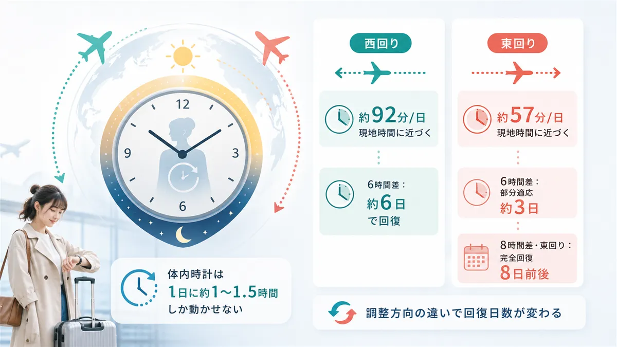 体内時計は1日に約1〜1.5時間しか動かせないこと、東回りと西回りで回復にかかる日数が違うことを紹介します。