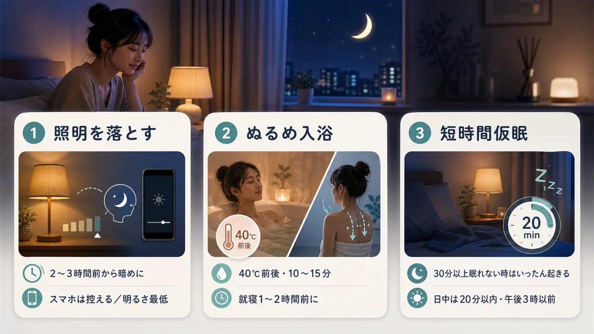 部屋の照明を落とす方法、就寝前のぬるめの入浴、どうしても眠れないときの短時間仮眠の取り方を紹介します。