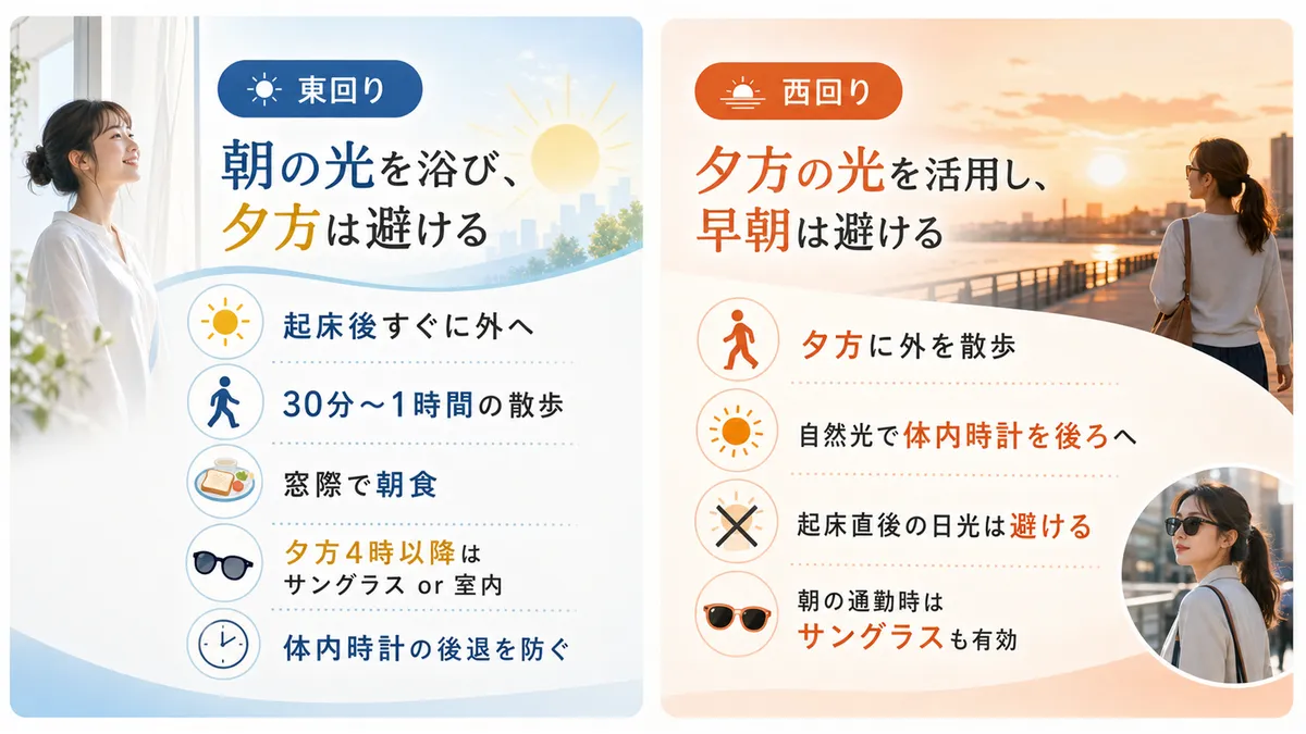 東回りの帰国後は朝の光を浴び夕方は避けること、西回りの帰国後は夕方の光を活用し早朝は避けることを解説します。