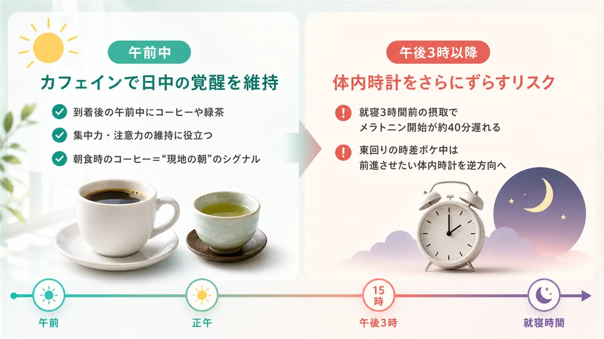 午前中のカフェインで日中の覚醒を維持する方法と、午後3時以降のカフェインが体内時計をさらにずらすリスクを紹介します。