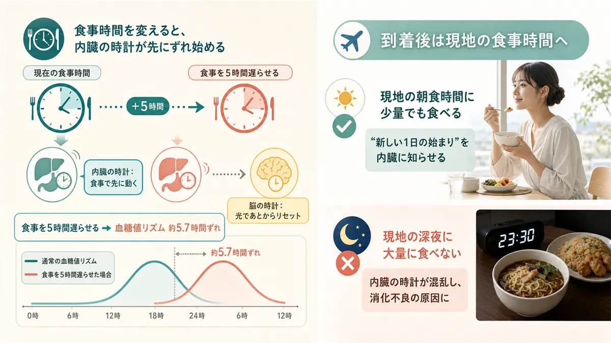 食事の時間が変わると内臓の時計が先にずれ始めること、到着したら現地の食事時間に合わせることが有効であることを解説します。
